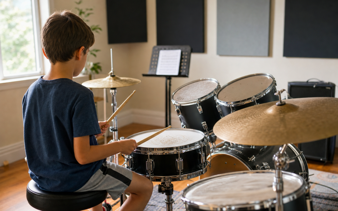 Kind beim Schlagzeugunterricht in Schorndorf konzentriert am Drumset